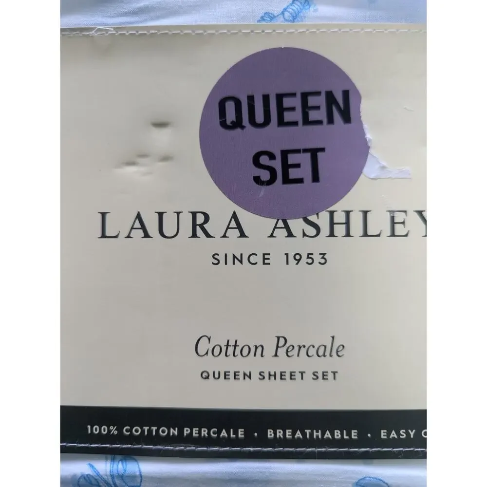 Laura Ashley QUEEN Sheet set 100% cotton percale lobster polka dot blue sheets